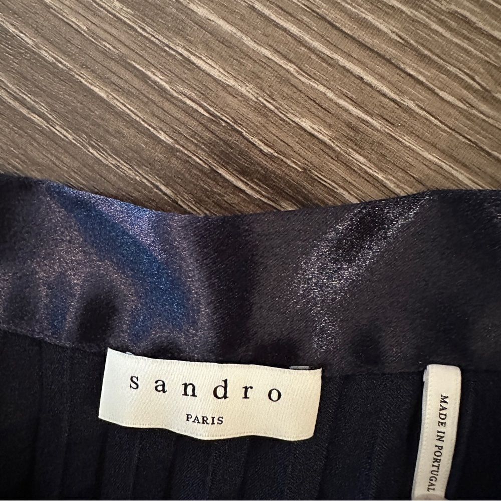 Sandro Navy Blue Pleated Satin Midi Skirt - Picture 4 of 11